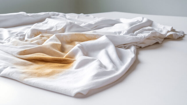 An up close view of a wrinkled white sheet with visible stains resting on a wooden table surface