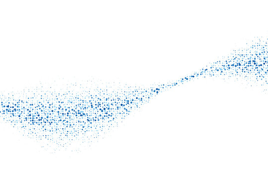 Blue halftone wave pattern of scattered circles, gradient dot flow on a clean white background