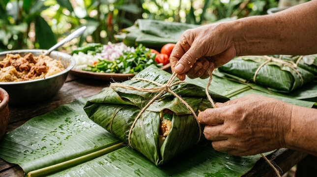 Person expertly wrapping food in large green leaves with string on a wooden table outside