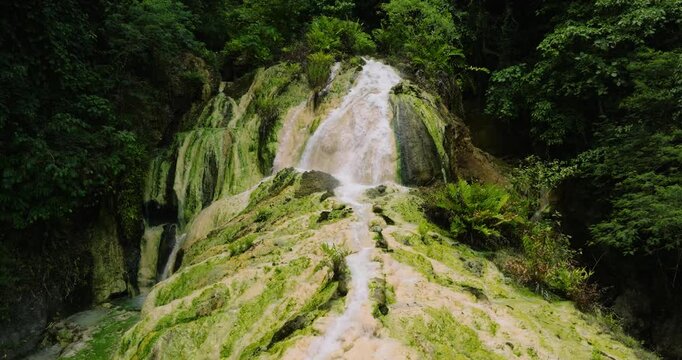 Aerial eagle eye view of Mainit Sulfuric Hot Spring. Maco, Davao de Oro. Mindanao, Philippines.