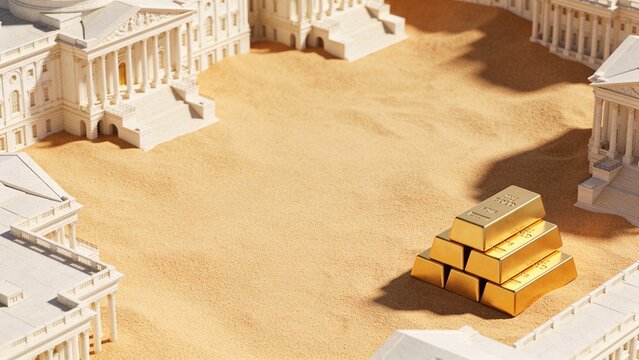 High angle view of gold bars resting among white classical buildings on sand 3D render