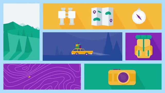 2D Animated Bento Grid Layout Dashboard Displaying Mountains Map Camera and Outdoor Hiking Travel Gear Icons, Adventure Infographic Video