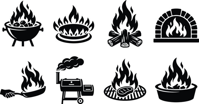Fire and cooking icon set featuring barbecue grill campfire gas stove and smoker black silhouette symbols