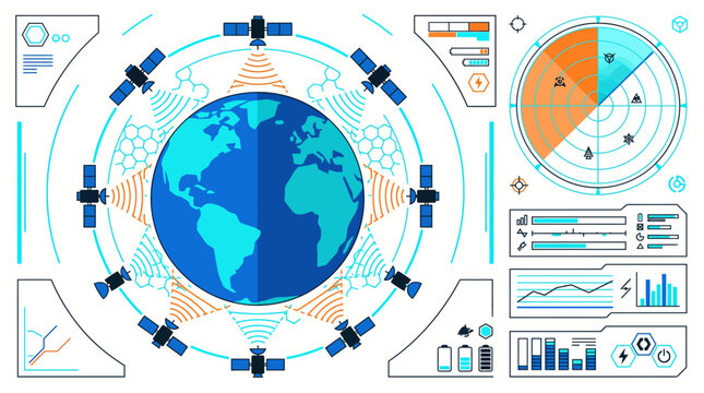 Global satellite telecommunication network infographic dashboard HUD interface with Earth globe radar scanning screen data charts and battery power monitoring flat vector illustration