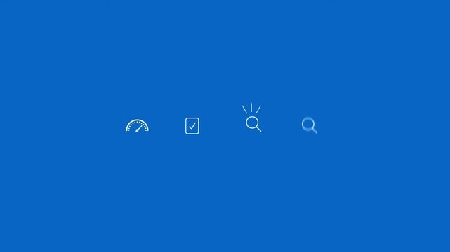2D Animated Minimalist Dark Blue Background Graphic with Tiny Tech Icons showing Speedometer Phone and Search Magnifying Glass Symbols