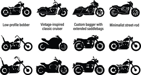 Motorcycle types and custom chopper black silhouette icon set with bobber vintage cruiser street rod bagger sportbike and classic motorbike © MdRasel