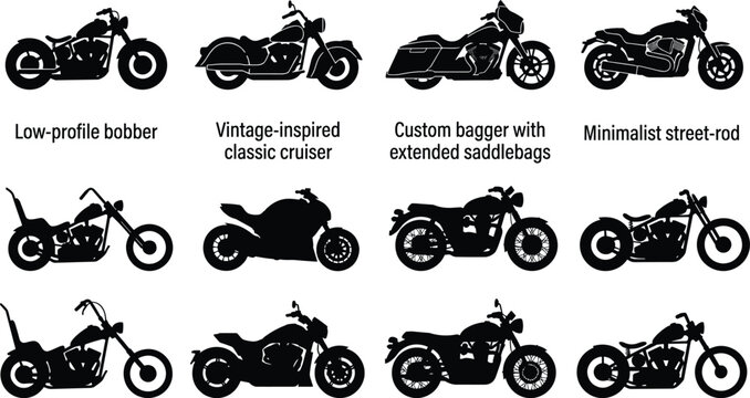 Motorcycle types and custom chopper black silhouette icon set with bobber vintage cruiser street rod bagger sportbike and classic motorbike