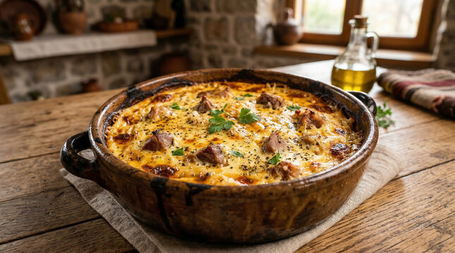 Traditional Turkish baked casserole topped with melted cheese and herbs, served in a rustic clay dish, representing authentic Anatolian comfort food.