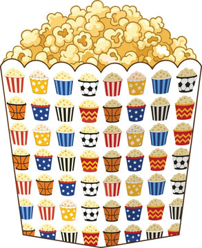 Popcorn bucket cartoon illustration filled with tiny patterned mini popcorn boxes