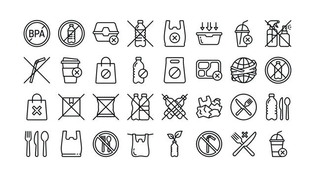 Comprehensive collection of line icons representing plastic waste reduction and ecofriendly sustainability concepts vector illustration set