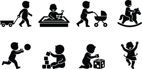Toddler playtime and early childhood development activities black silhouette icon set featuring pulling a wagon sandbox rocking horse and building blocks © MdRasel
