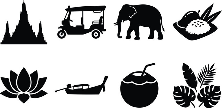 Thailand travel and culture black silhouette icon set featuring Wat Arun temple tuk tuk elephant mango sticky rice and coconut