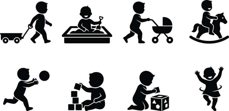 Toddler playtime and early childhood development activities black silhouette icon set featuring pulling a wagon sandbox rocking horse and building blocks