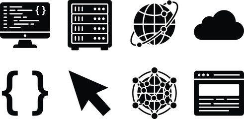 Fototapeta premium Web development and cloud computing icon set featuring server rack network globe and programming code symbols