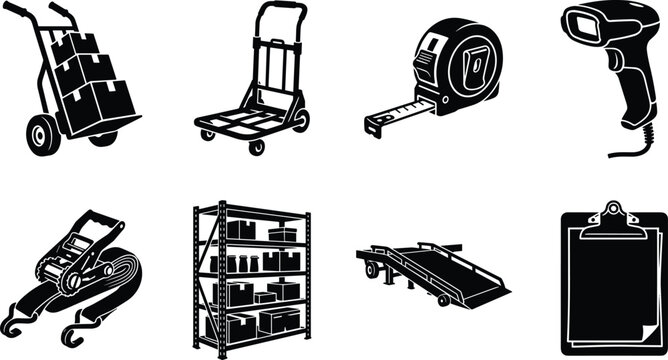 Warehouse logistics and shipping equipment black silhouette icon set with hand truck barcode scanner and shelving unit
