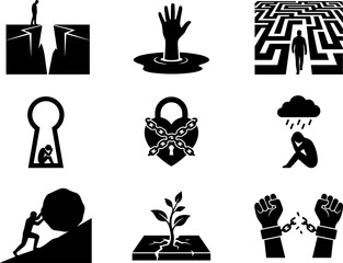 Mental Health and Overcoming Hardship Silhouette Icon Set Featuring Stress Depression Anxiety Freedom and Psychological Problem Concepts for Healthcare Graphics © Mdsumon