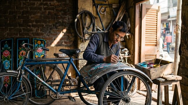Artisan hand painting floral designs on a traditional cycle rickshaw hood