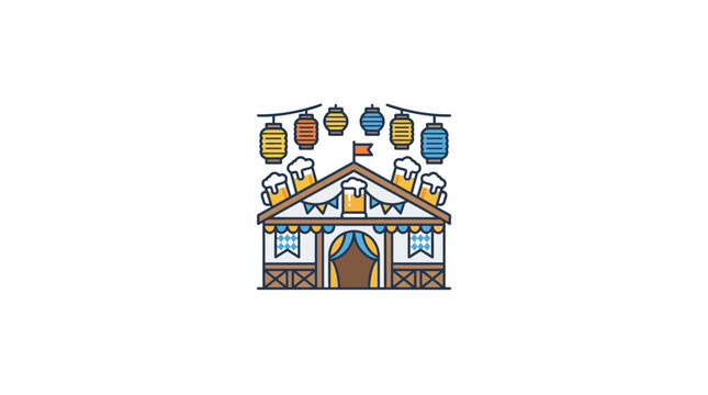 A colorful vector illustration of a traditional Bavarian beer tent decorated with lanterns and beer mugs.