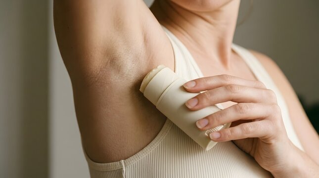 Close up of woman hand applying roll-on deodorant stick to underarm body hygiene skincare
