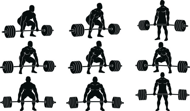 Deadlift Bodybuilder Silhouette Vector Set Featuring Male Athletes Powerlifting Heavy Barbells for Gym Fitness Workout and Weightlifting Strength Training Graphics