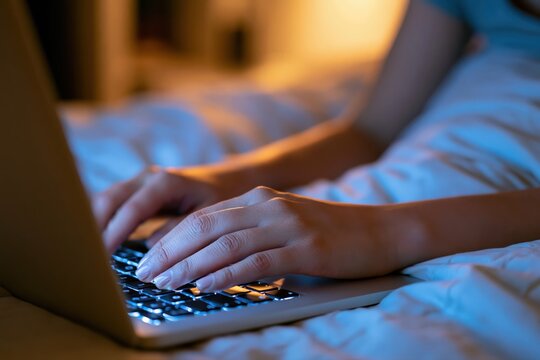 Close up of hands typing on a laptop keyboard in bed at night with warm ambient lighting.