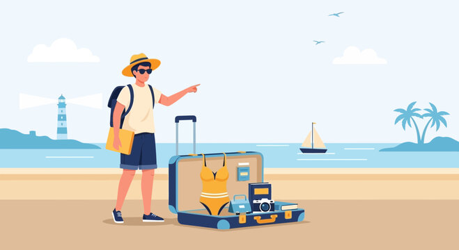 Man pointing at beach vacation destination with open suitcase and swimwear at sea