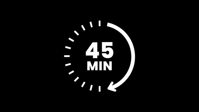 Clock with 45 min and circular arrows timer animation on transparent background. 45 Min arrow clock icon animation, 45 minute animation. timer 45 minutes countdown icon. Alpha Channel