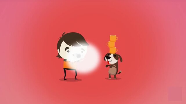 2D Animated Cartoon Boy Character and Cute Dog Standing Together in Torch Spotlight Flashlight Beam, Friendship and Discovery Concept