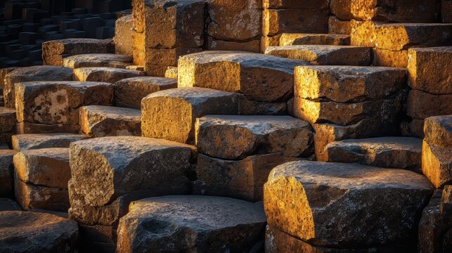 A close-up showcases a natural formation of hexagonal basalt columns, bathed in warm sunlight, creating a stunning textured landscape