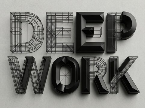 3d typography of the words deep work with wireframe and solid elements