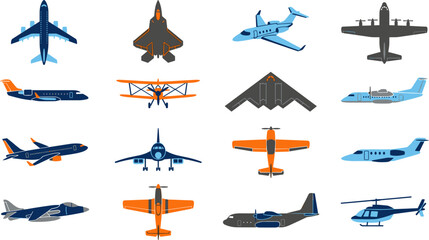 Airplane and Aircraft Vector Set Featuring Flat Style Illustrations of Passenger Jets Fighter Planes Biplanes Cargo Aircraft and Helicopter Icons for Aviation Graphics © Mdsumon