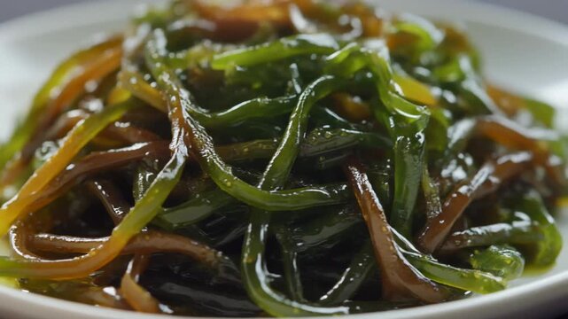 Close-up of fresh seasoned seaweed salad, healthy Japanese appetizer on a white plate