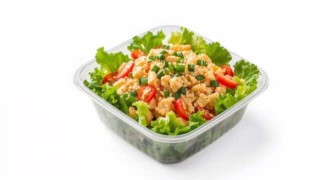 Caesar salad in a to go container vibrant fresh perfectly centered isolated � Food Photography for Restaurant, Culinary and Dining Concept