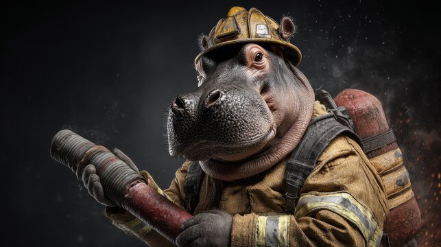 A humanoid hippo, in firefighter gear, holding a hose, faces the viewer. The background is a smoky black
