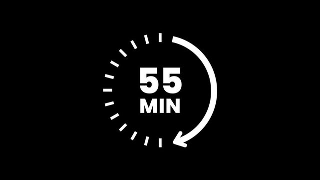 Clock with 55 min and circular arrows timer animation on transparent background. 55 Min arrow clock icon animation, 55 minute animation. timer 55 minutes countdown icon. Alpha Channel