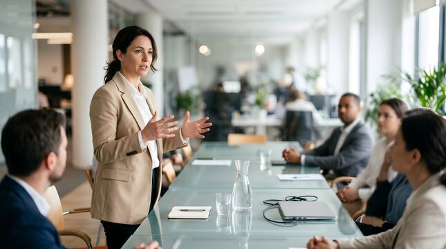 Businesswoman in a beige blazer presenting to a diverse team in a modern office boardroom, using hand gestures to explain a concept, conveying leadership and effective communication, corporate