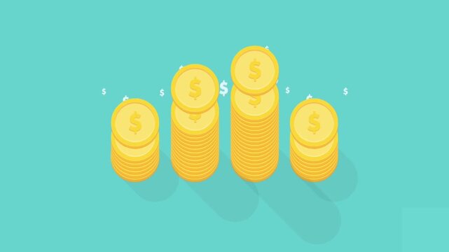 2D Animated Four Stacks of Gold Coins Arranged in an Increasing Growth Bar Chart Graph Shape over Blue Background, Financial Success Video