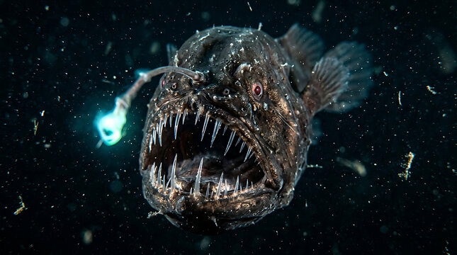 Predatory deep sea anglerfish with bioluminescent lure swimming in dark ocean water marine wildlife habitat