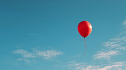 Fototapeta premium A vibrant red balloon floats in a bright, clear, and expansive blue sky, with a wispy ribbon