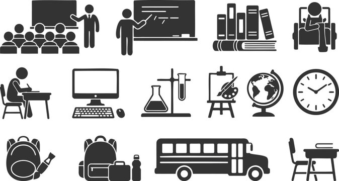 Comprehensive collection of school and office icons including computer stationery and classroom equipment vectors