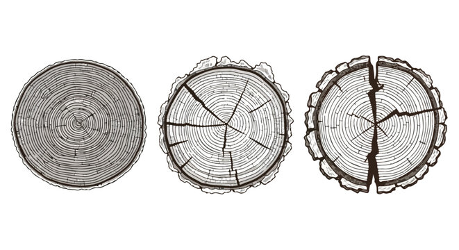 Tree Trunk Cross-Sections. Vintage Engraving Style. Wood Grain Texture. Hand-Drawn Illustration.