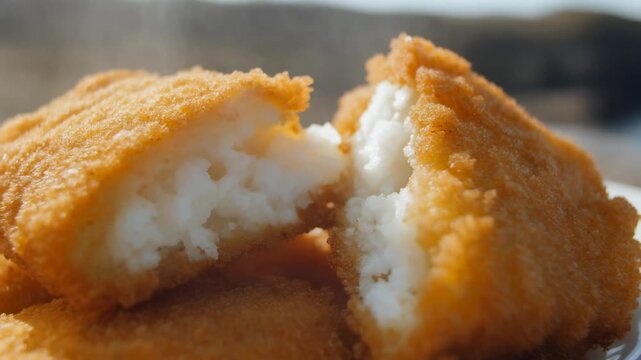 Close-up of Steaming Golden Breaded Fish Fillet Broken in Half