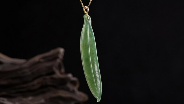 A slender green jade pendant shaped like a silique on a dark background.