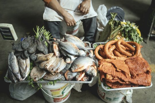 Fish from the Amazon, pacu, colossoma, pork and chorizo, specialities from the low-lying Amazon regions, Mercado Mayorista, Huancayo, Peru