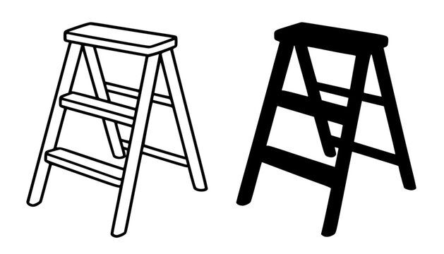 Step stool minimalist icon, black and white in outline and silhouette design