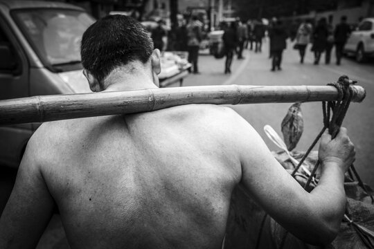 Bang-bang carriers in a market at the port of Chongqing, the carriers are like a caste of their own, carrying loads for the traders for little money, mostly immigrant workers from rural areas, Chongqing, China