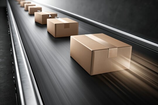Cardboard boxes moving quickly on a conveyor belt in a modern warehouse, representing logistics and delivery.