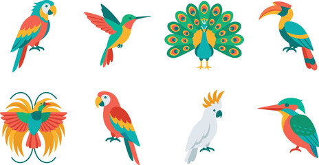 Tropical Bird Icons Set Featuring Parrot Peacock Toucan Hummingbird Cockatoo and Kingfisher Illustrations © Arman