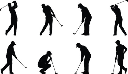 Naklejka premium Golf player silhouette collection, professional golfer action poses and sports vector illustration set