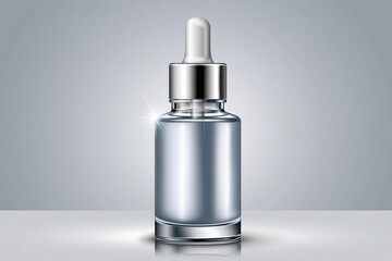 Naklejka premium Sleek silver dropper bottle with clear liquid, reflecting light, for cosmetic or pharmaceutical products.